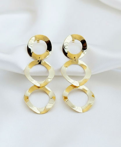 Gold Finish Triple Ring Drop Earrings
