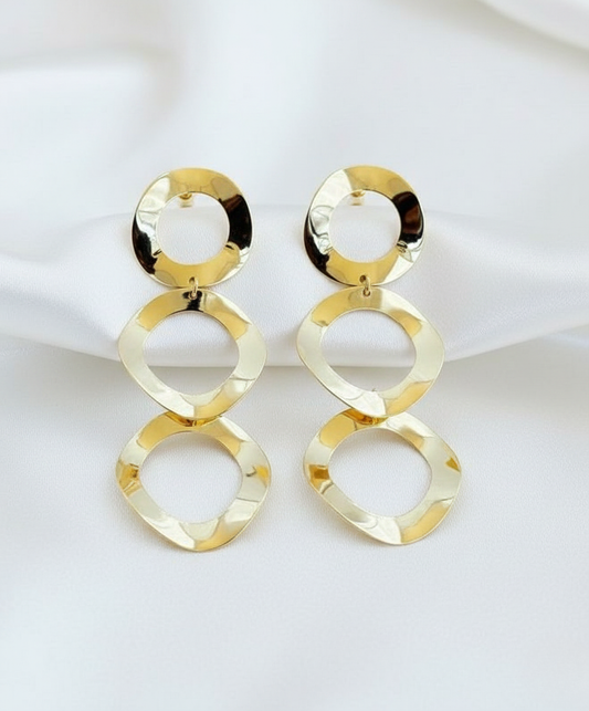 Gold Finish Triple Ring Drop Earrings