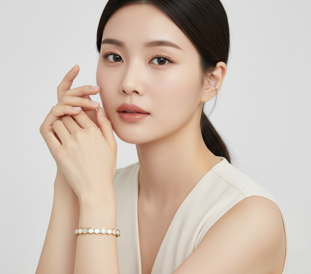 Honeycomb Crystal Gold Plated Stainless Steel Korean Kada Bracelet