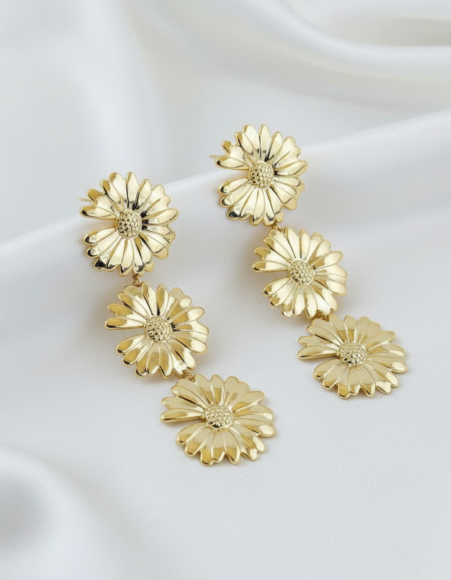 Gold Finish Daisy Floral Drop Earrings