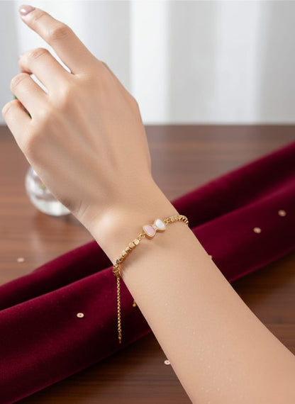 Dainty Gold Pink Bow Mother of Pearl Bracelet