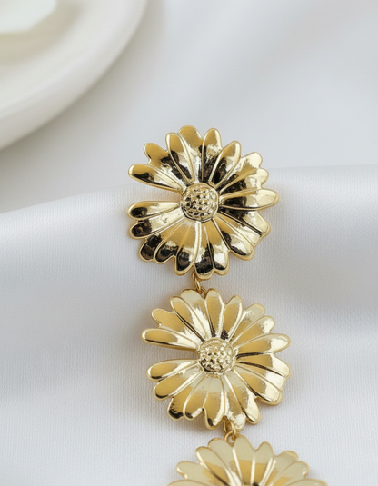 Gold Finish Daisy Floral Drop Earrings