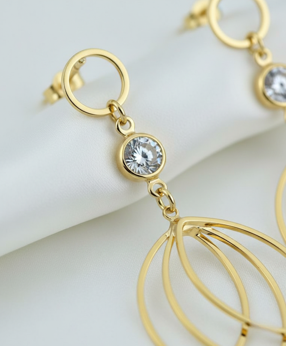 Gold Finish Crystal Accent Layered Petal Drop Earrings