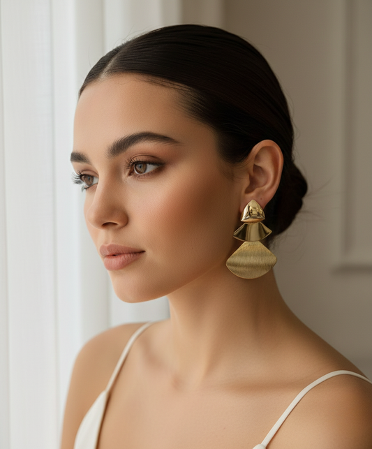Gold Finish Layered Fan-Shaped Statement Drop Earrings