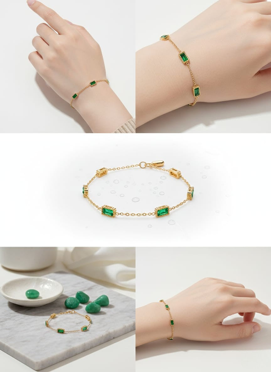 Elegant Gold Emerald Green Baguette Stone Bracelet