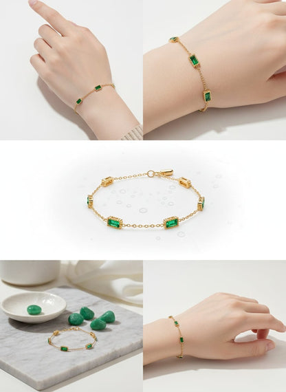 Elegant Gold Emerald Green Baguette Stone Bracelet
