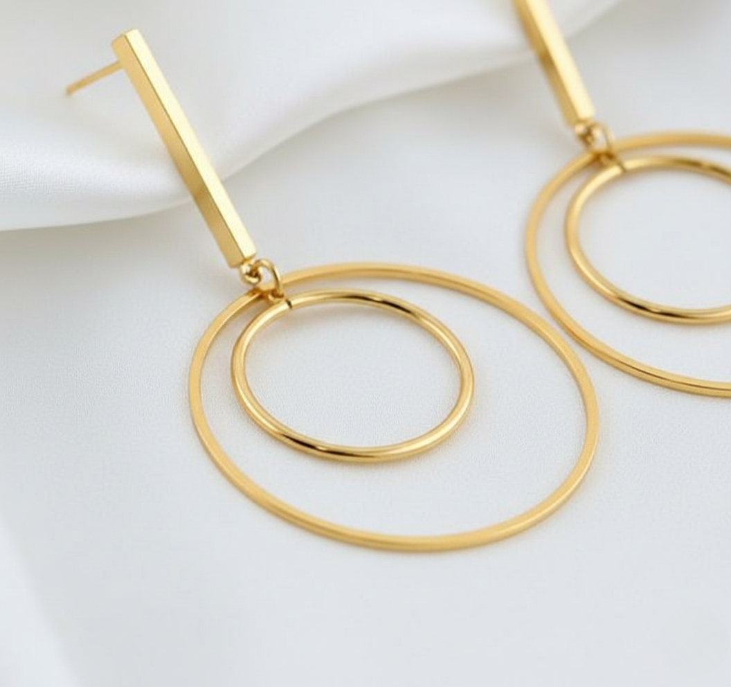 Gold Finish Bar and Double Hoop Drop Earrings