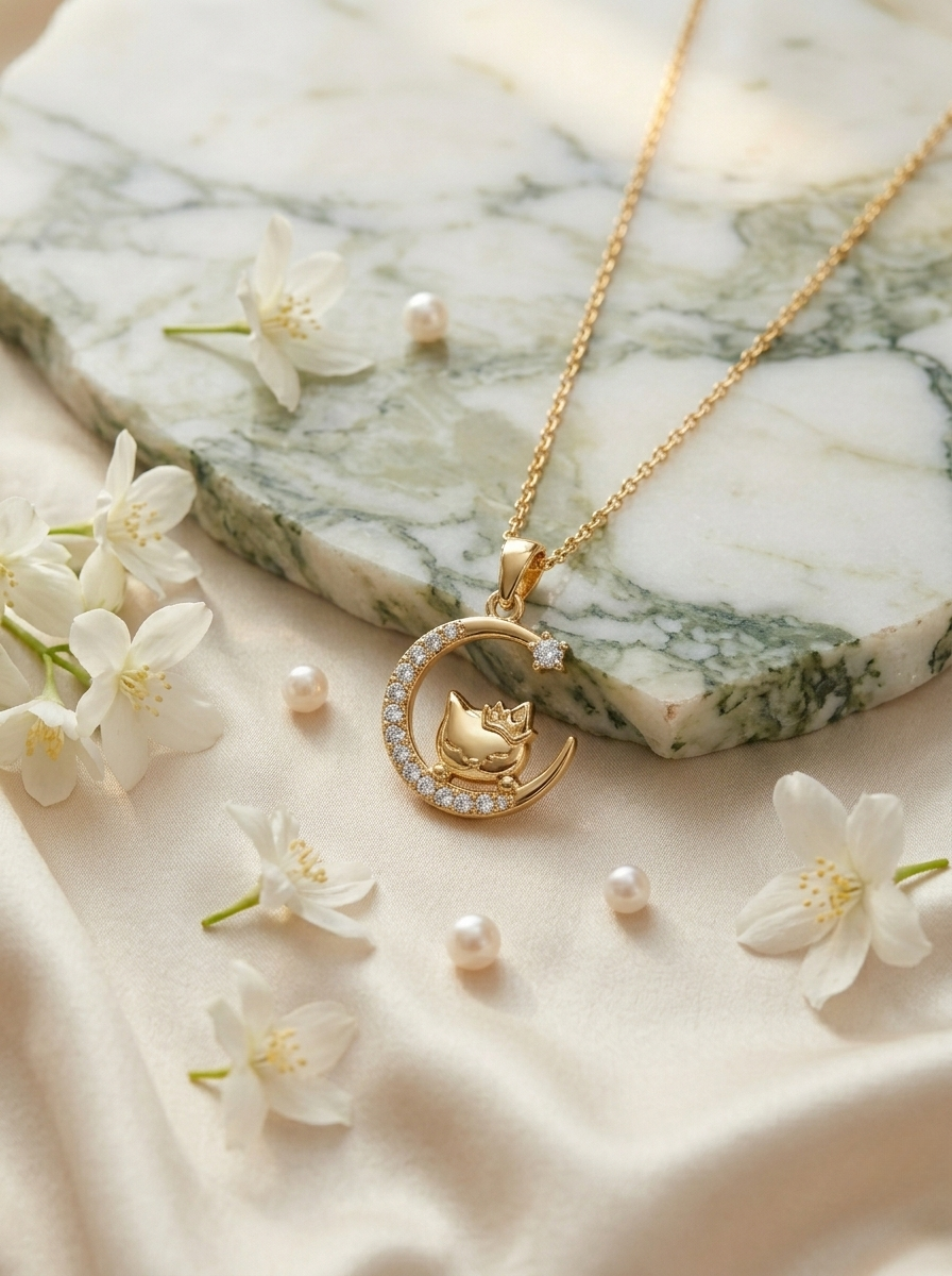 Golden Crescent Cat Pendant with Sparkling Charm