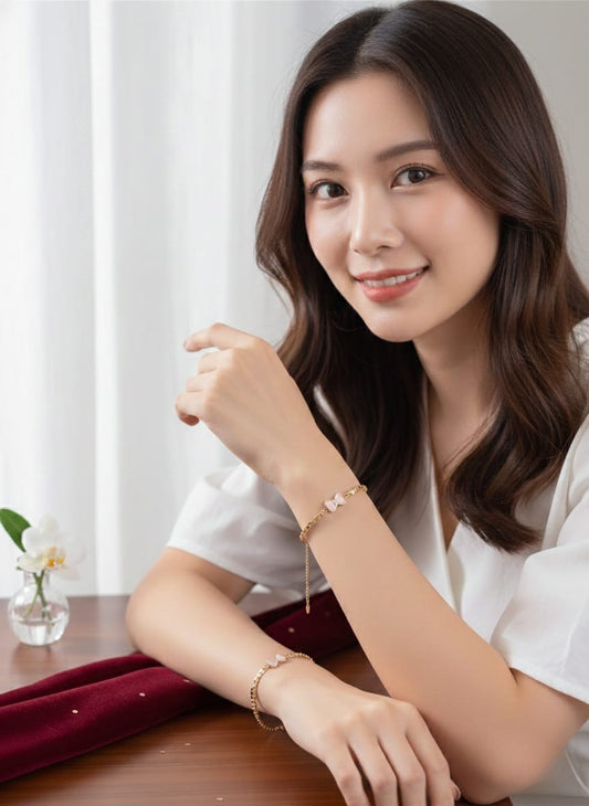 Dainty Gold Pink Bow Mother of Pearl Bracelet