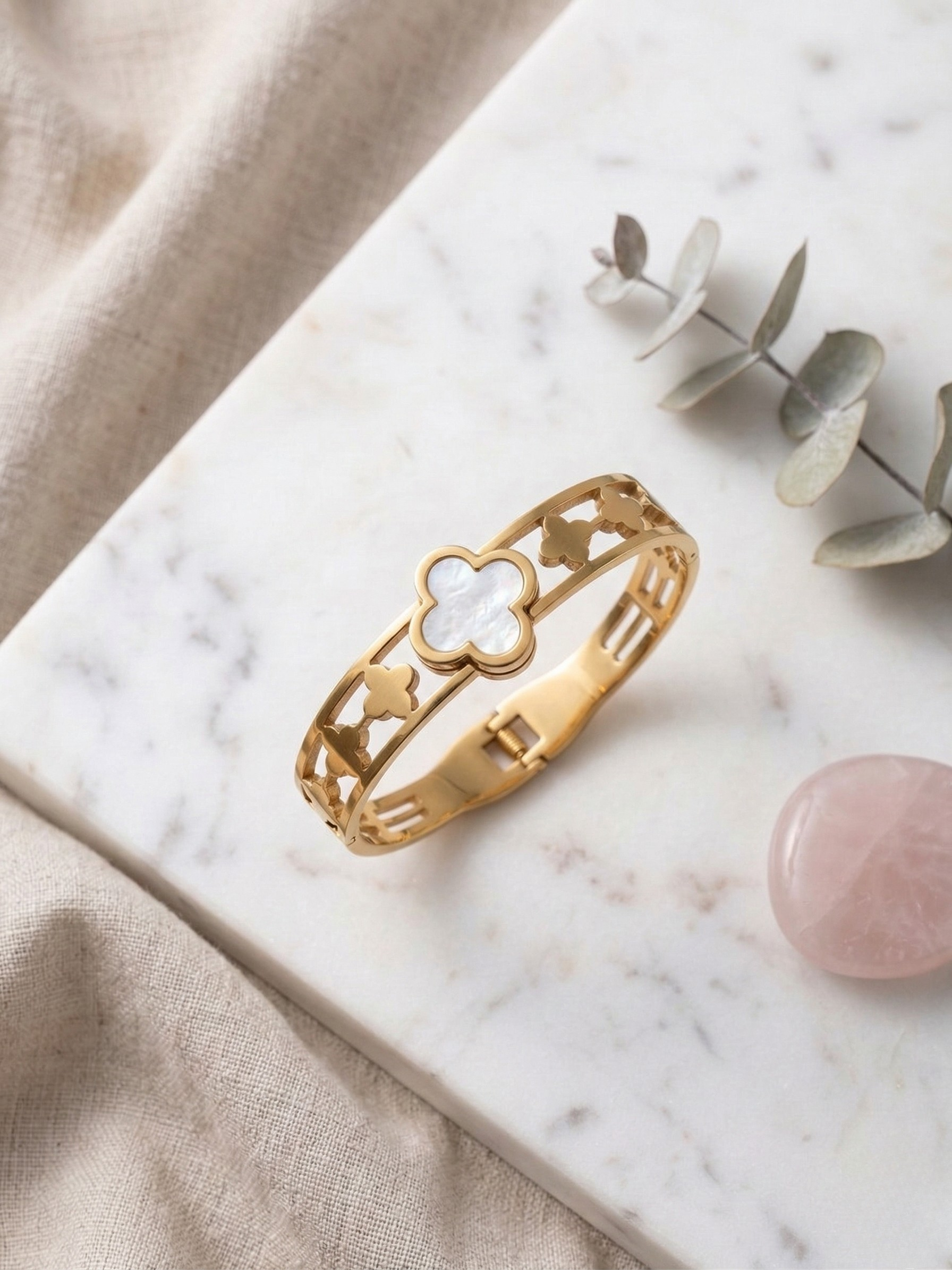 Elegant Gold Clover Mother Pearl Designer Bracelet